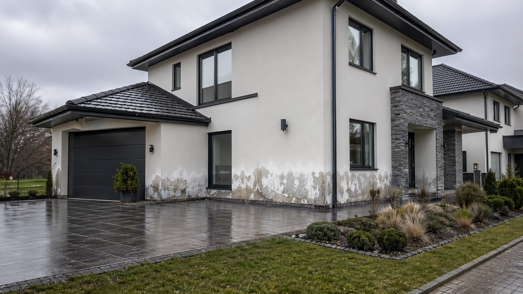 Building with visible moisture damage